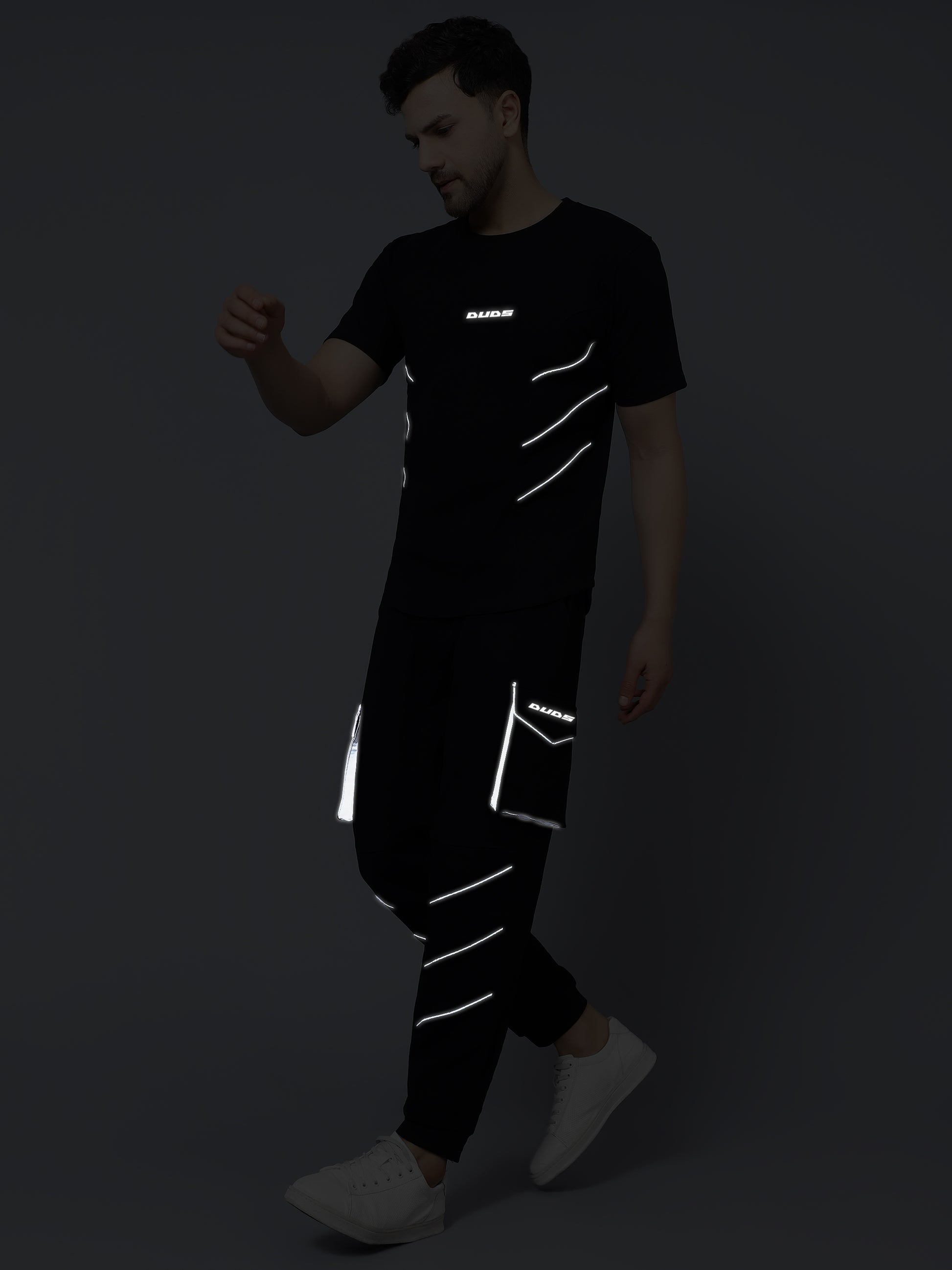 Co-Ord Set Reflective Cargo Pants with T-Shirt (Black) - Wearduds