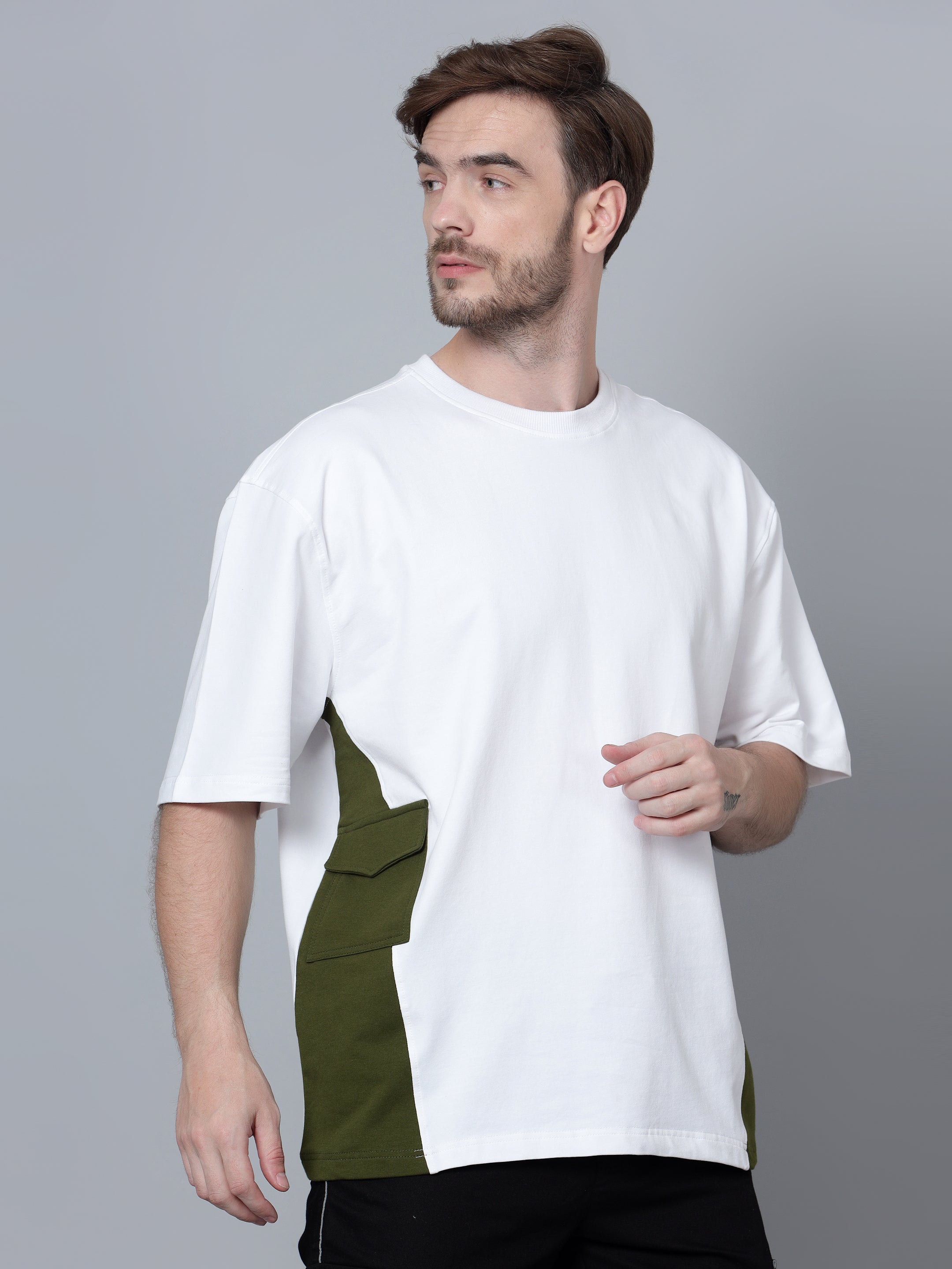 White & Military Green Pocket Over-Sized T-Shirt - Wearduds