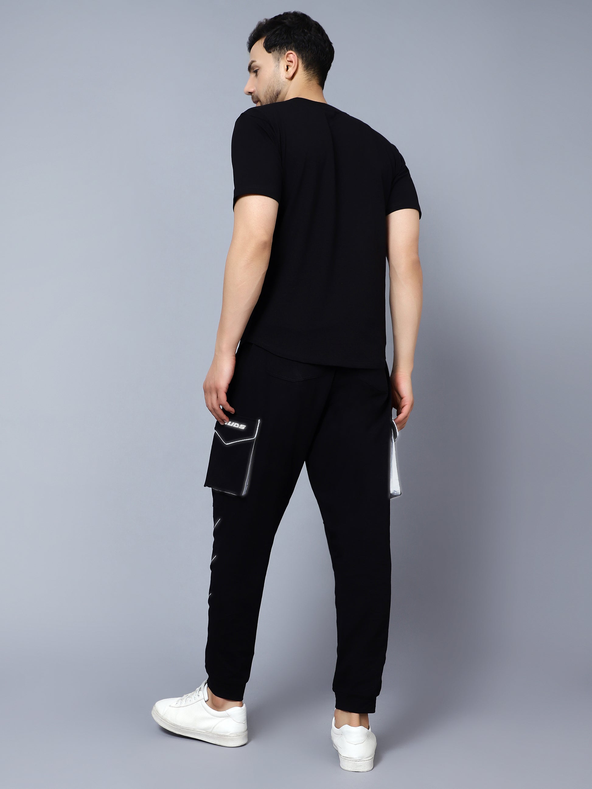 Co-Ord Set Reflective Cargo Pants with T-Shirt (Black) - Wearduds