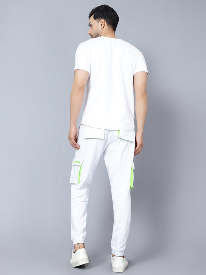 Co-Ord Set Cargo Pants with Cargo T-Shirt (White With Neon Green Highlighter) - Wearduds