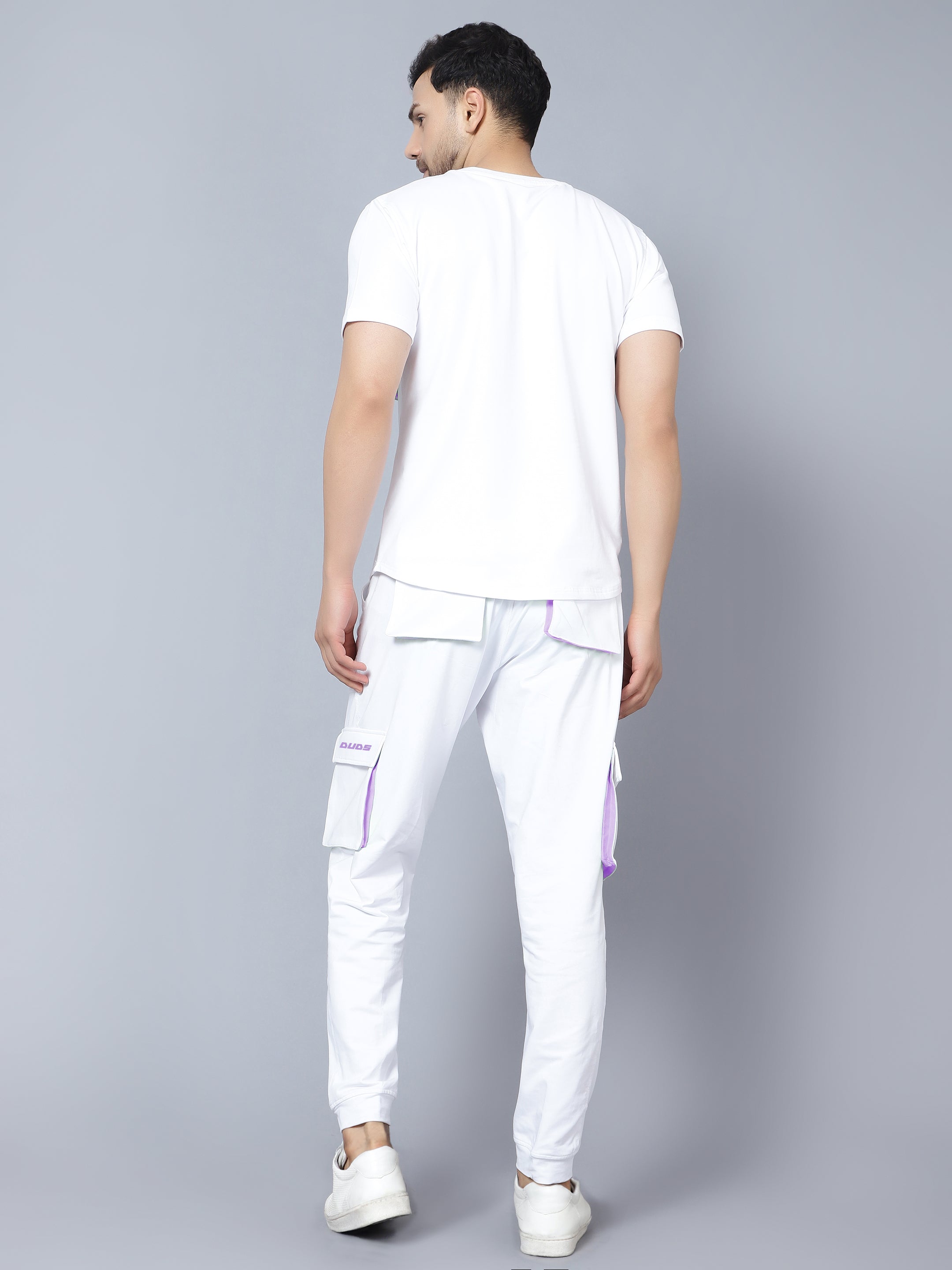 Co-Ord Set Cargo Pants with Cargo T-Shirt (White Lilac Highlighter) - Wearduds