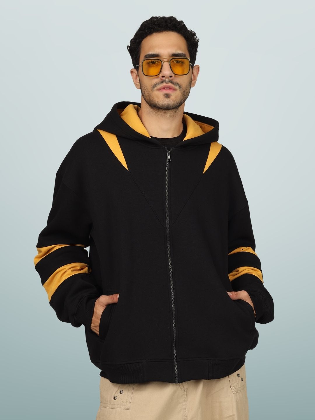 Colorblock Yellow Patch Zipper Hoodie - Wearduds