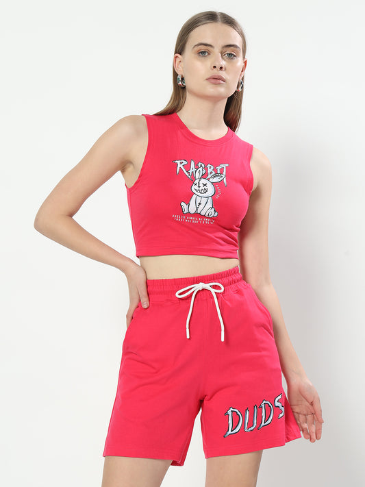 womens positive rabbit co ord set with print pink