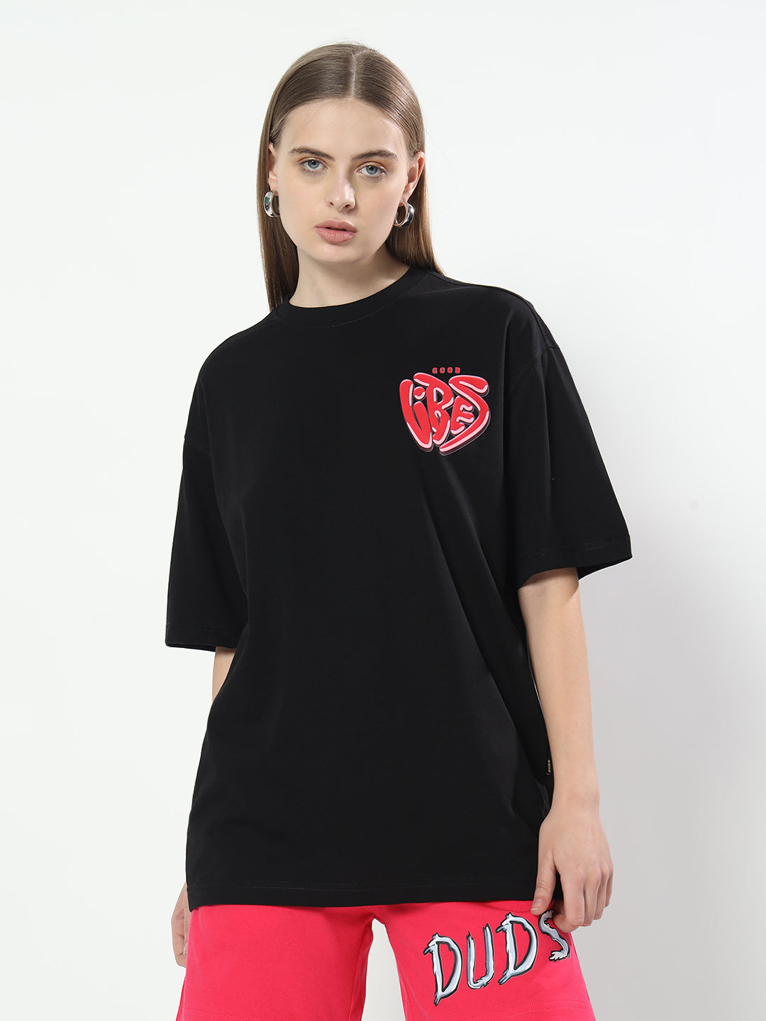 Good Vibes Over-Sized T-Shirt for Women (Black)