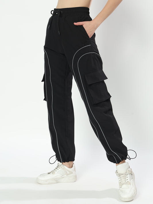 womens reflector parachute cargo pants black