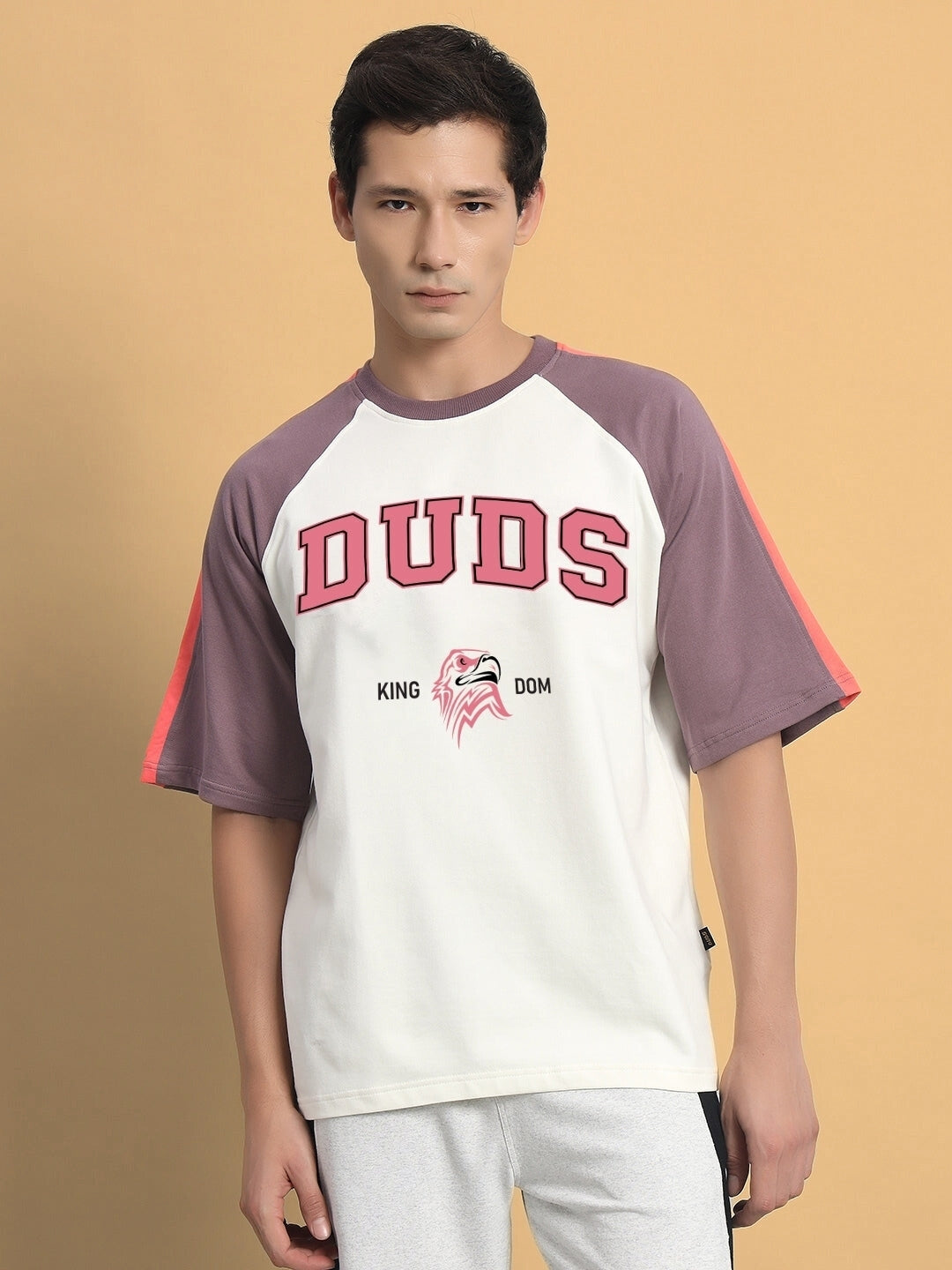 Kingdom Raglan Blocked Oversized T-Shirt (Off White-Violet)