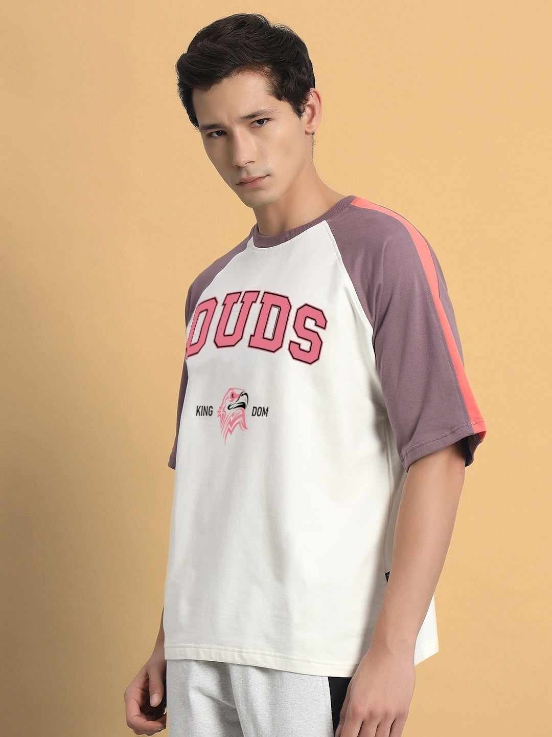 Kingdom Raglan Blocked Oversized T-Shirt (Off White-Violet)