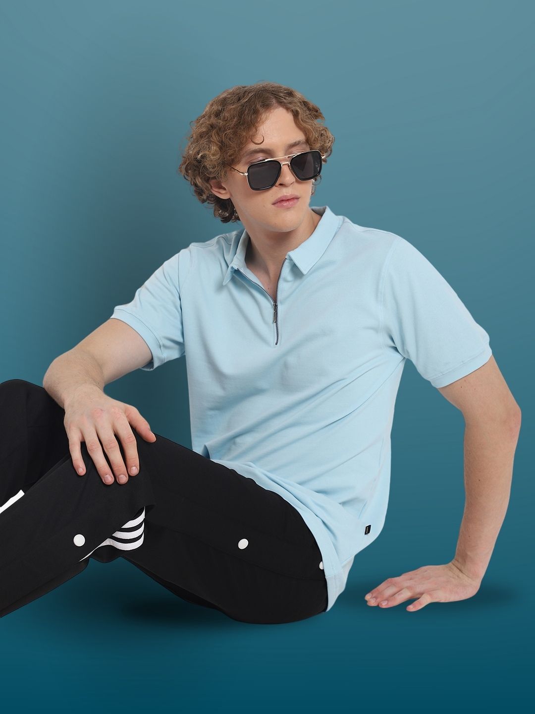 Powder Blue Polo Neck Zipper T-Shirt - Wearduds