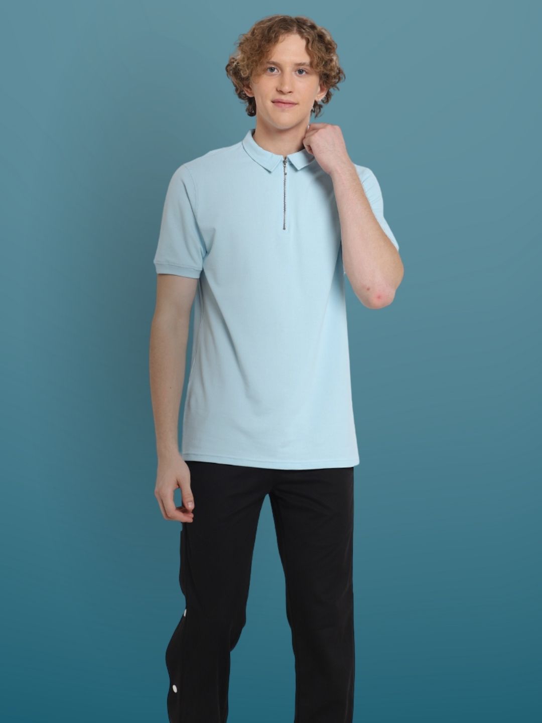 Powder Blue Polo Neck Zipper T-Shirt - Wearduds