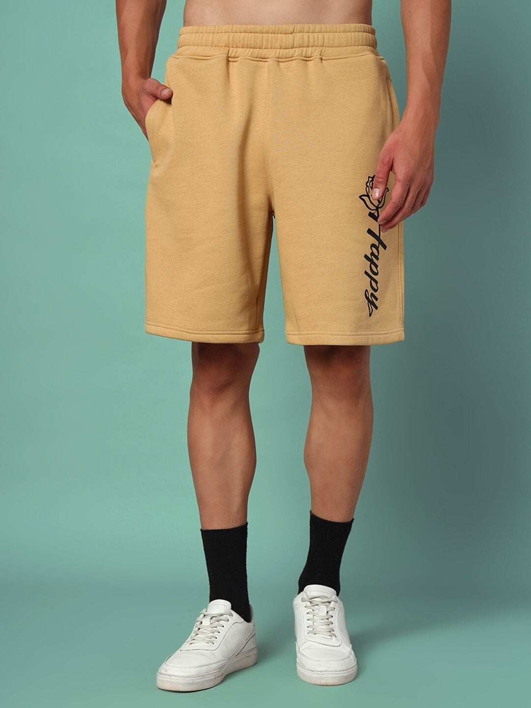 Happy Regular Fit Fleece Shorts (Beige)