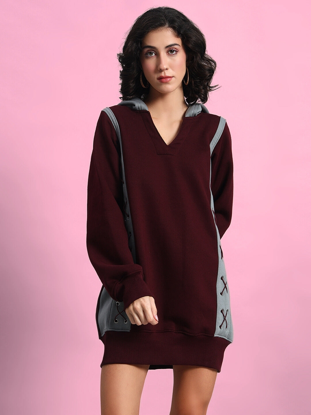 Criss Cross Fleece Hoodie (Wine-Grey)