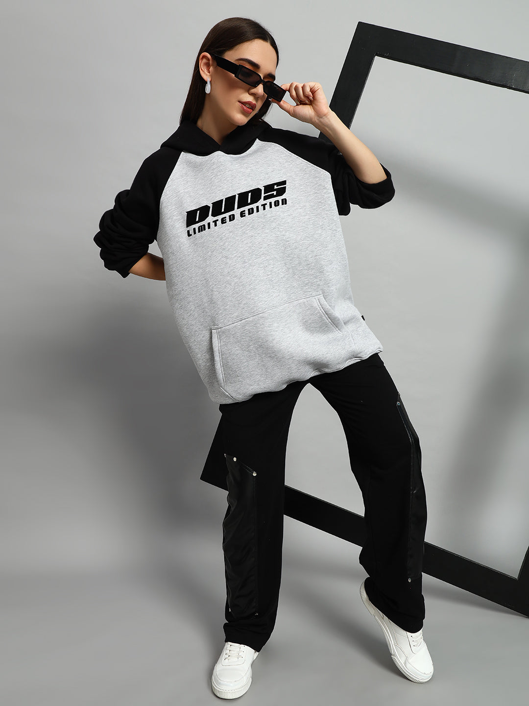 Women's Deluxe Colorblock Oversize Hoodie (Black-Melange Grey)