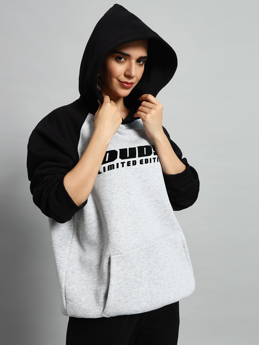 Women's Deluxe Colorblock Oversize Hoodie (Black-Melange Grey)