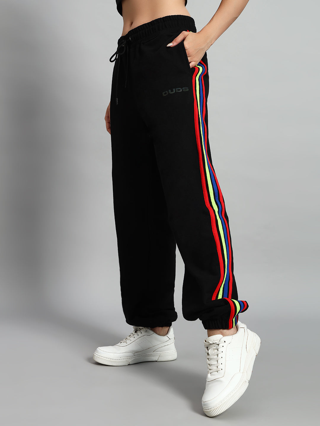 WOMEN'S DUDS RAINBOW COLORFUL STRIPE JOGGERS (BLACK)