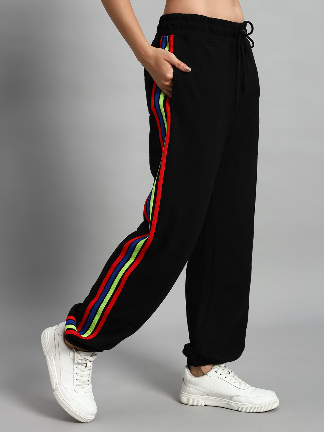 WOMEN'S DUDS RAINBOW COLORFUL STRIPE JOGGERS (BLACK)