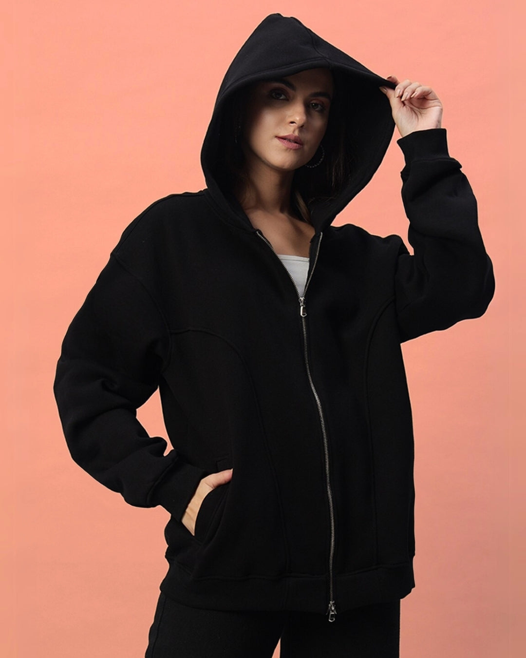 Women's Twofold Zipper Hoodie (Black)