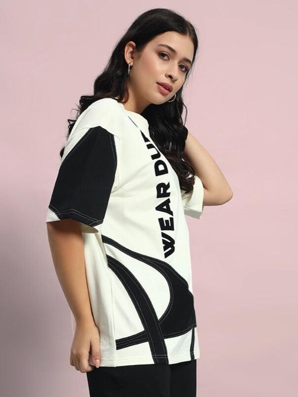 Women's David Designer Oversized T-Shirt (Off White-Black)