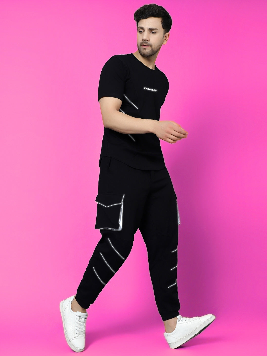 Co-Ord Set Reflective Cargo Pants with T-Shirt (Black)