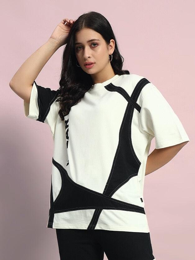 Women's David Designer Oversized T-Shirt (Off White-Black)