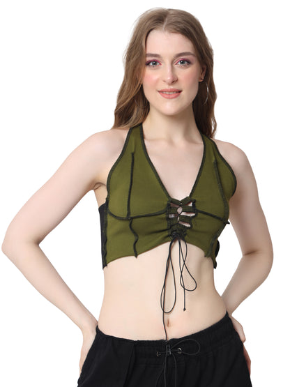 Ribbed Crop-Top (Military Green Black) - Wearduds