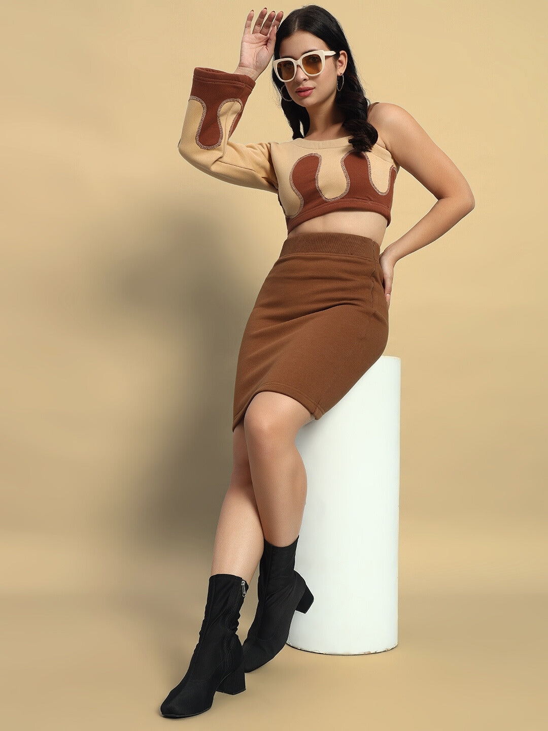 WOMEN'S RETRO CO-ORD SET (BEIGE-BROWN)