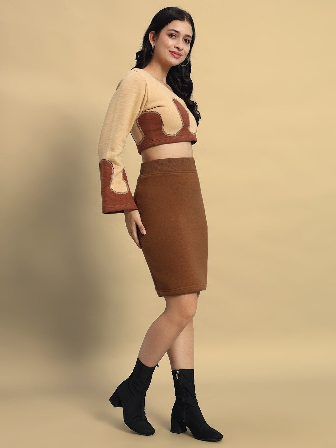 WOMEN'S RETRO CO-ORD SET (BEIGE-BROWN)