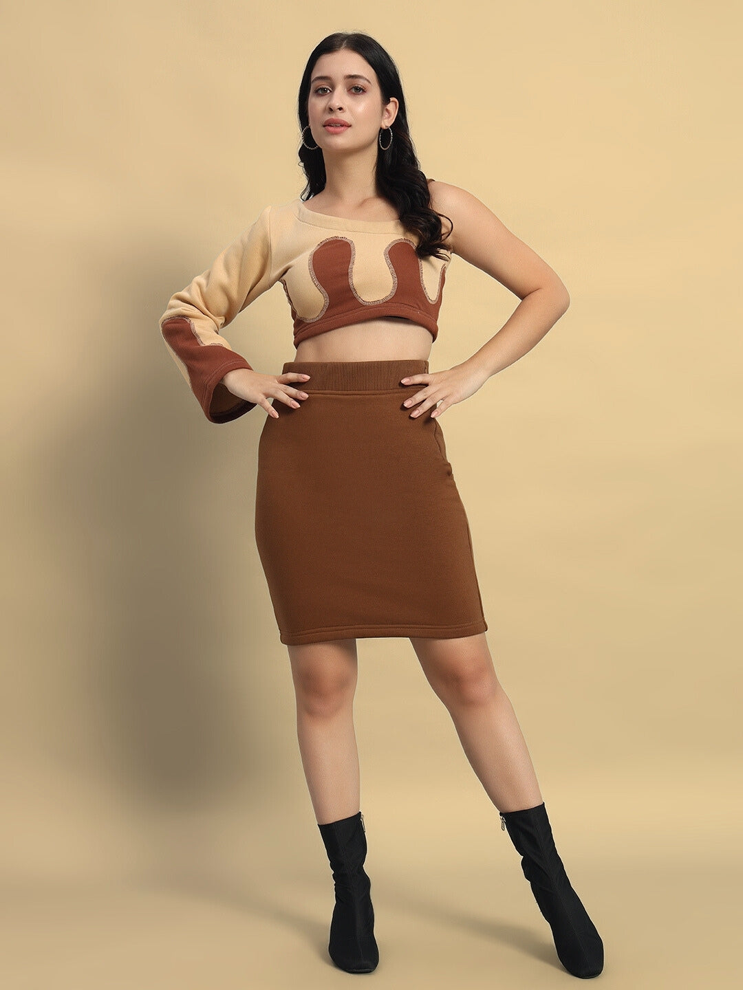 WOMEN'S RETRO CO-ORD SET (BEIGE-BROWN)