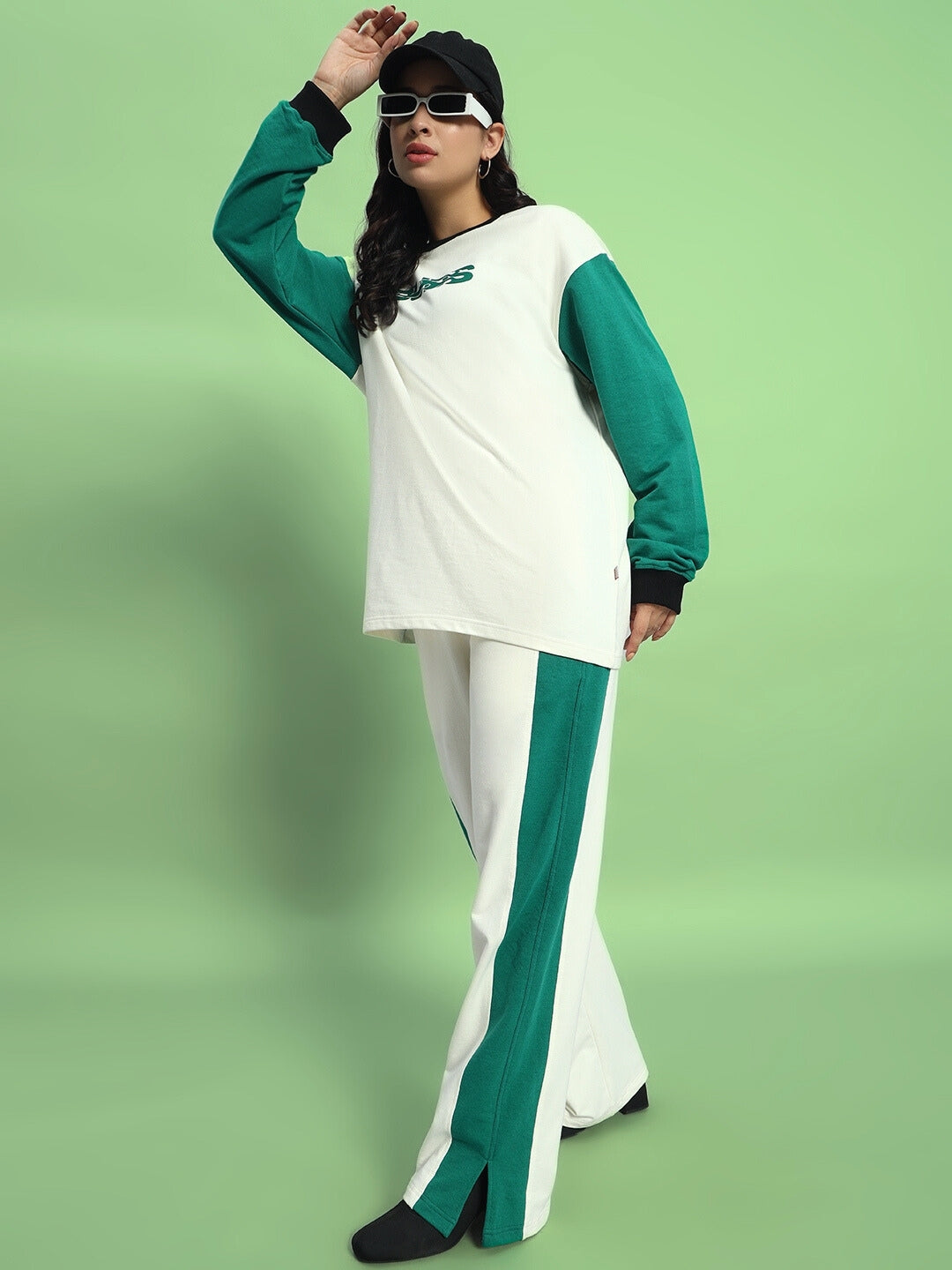 Women's Zingy Oversized CO-Ord Set (OFF WHITE-TEAL)