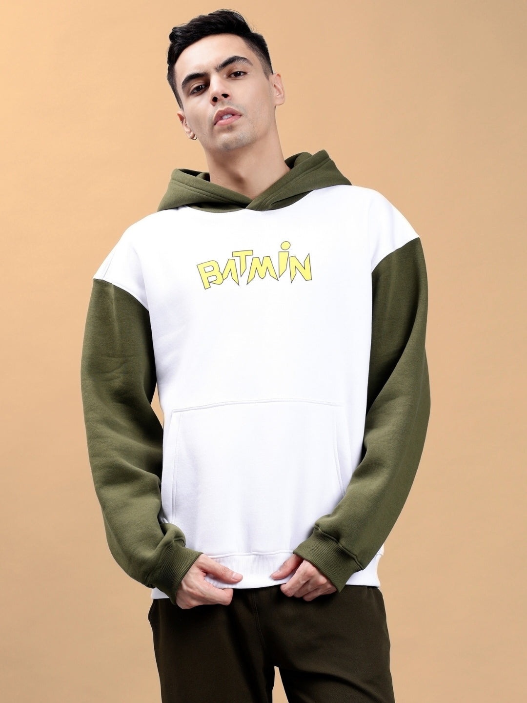 Batmin Colorblock Oversized Hoodie (White-Olive Green)