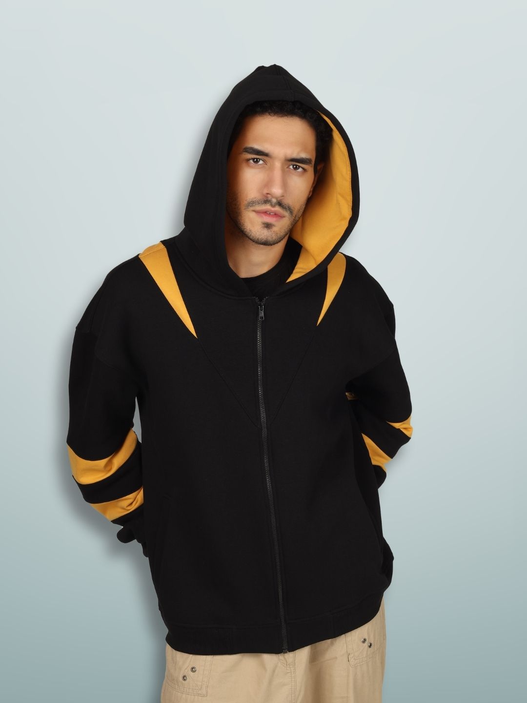 Colorblock Yellow Patch Zipper Hoodie - Wearduds