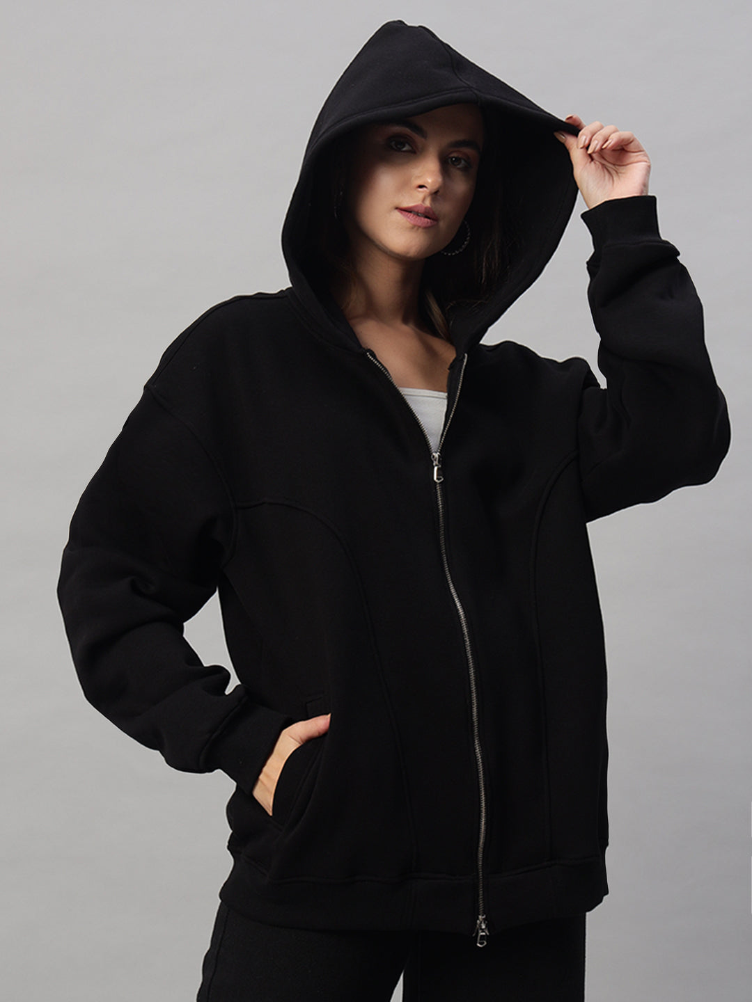 Women's Twofold Zipper Hoodie (Black)