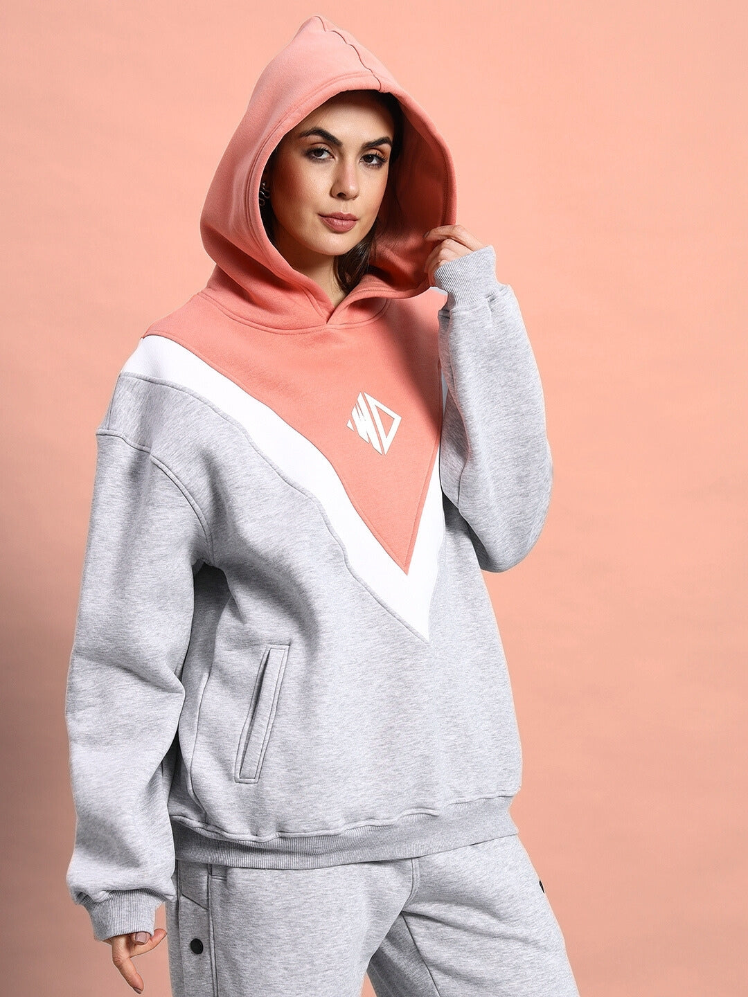 Women's Polar Colorblock Hoodie (Grey-Peach)