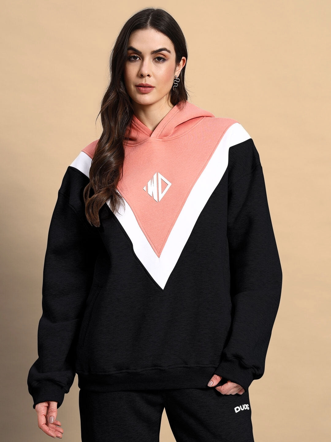 Women's Polar Colorblock Hoodie (Black-Peach)