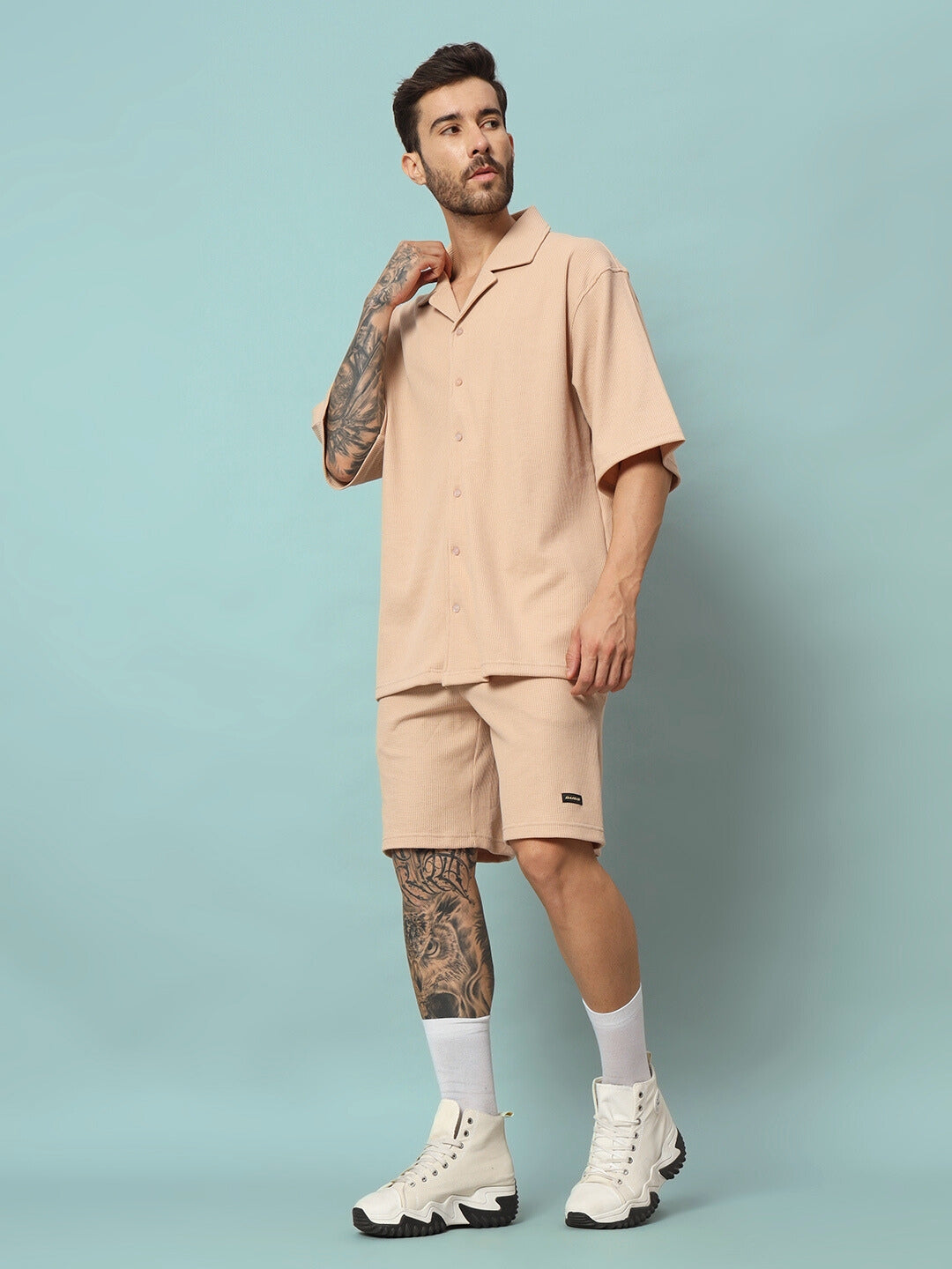 Waffle Solid Resort Shirt Co-Ord Set (Beige)