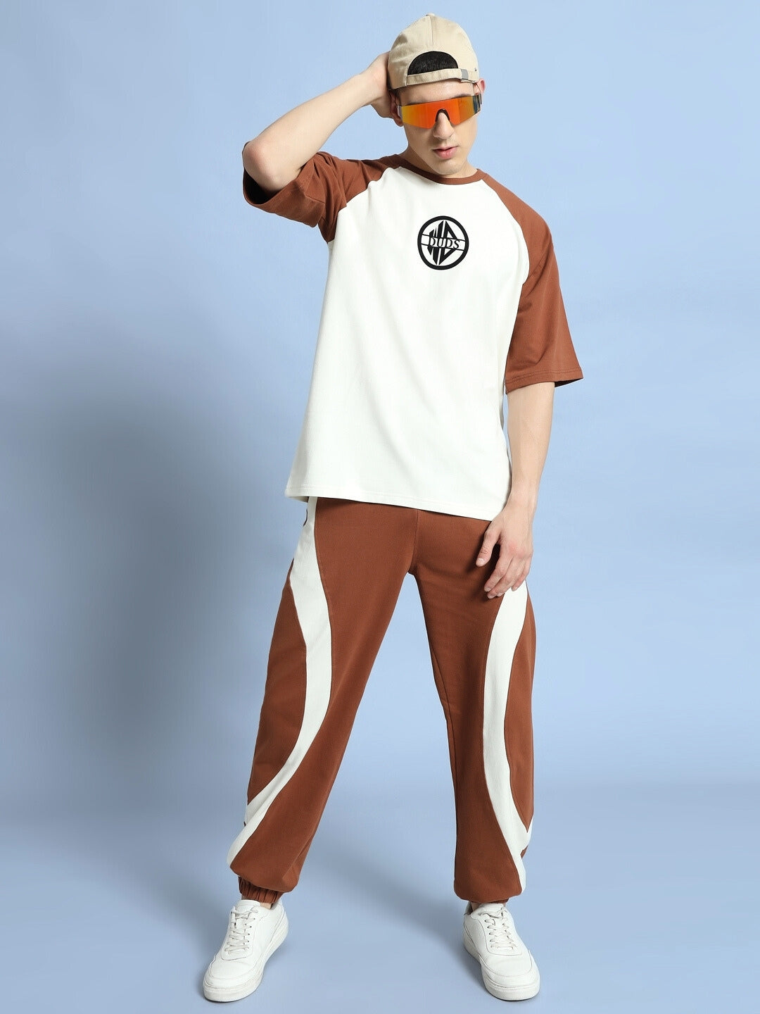 Chestnut Raglan Blocked Oversized T-Shirt (Off White-Brown)