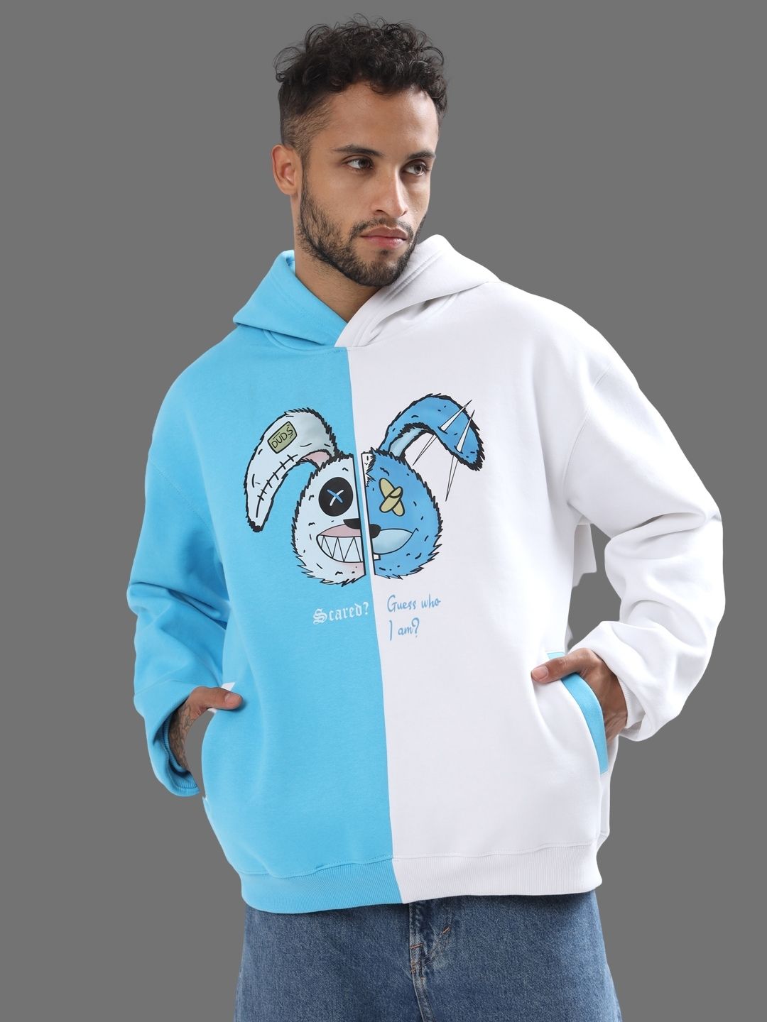 Scared Teddy Oversize Hoodie (Sky Blue-White) - Wearduds