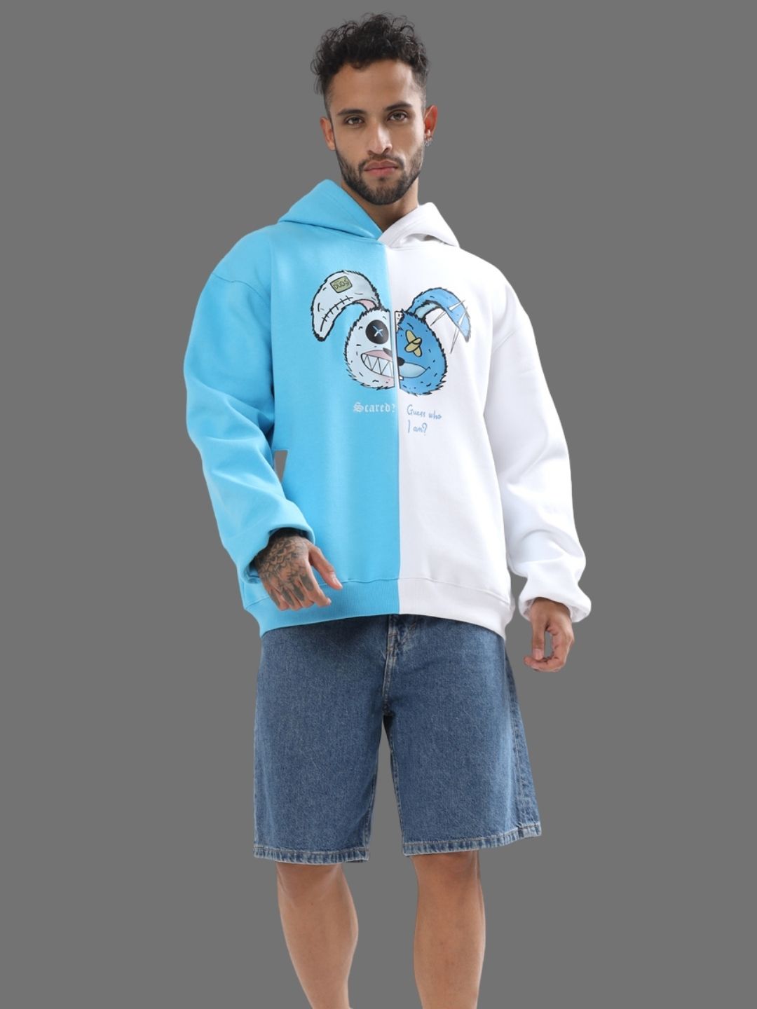 Scared Teddy Oversize Hoodie (Sky Blue-White) - Wearduds