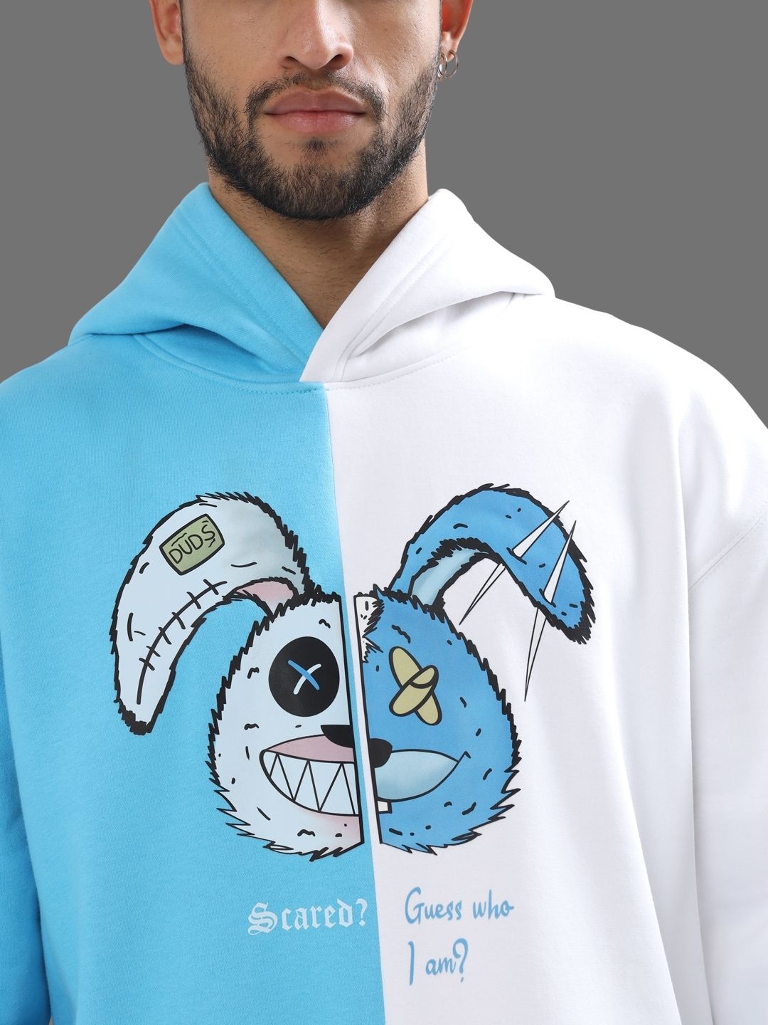 Scared Teddy Oversize Hoodie (Sky Blue-White) - Wearduds