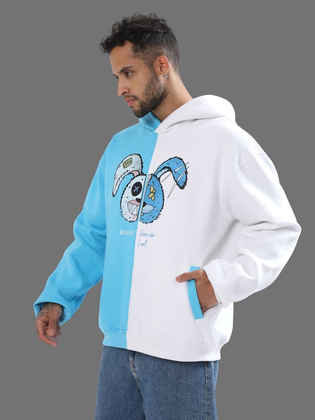 Scared Teddy Oversize Hoodie (Sky Blue-White) - Wearduds