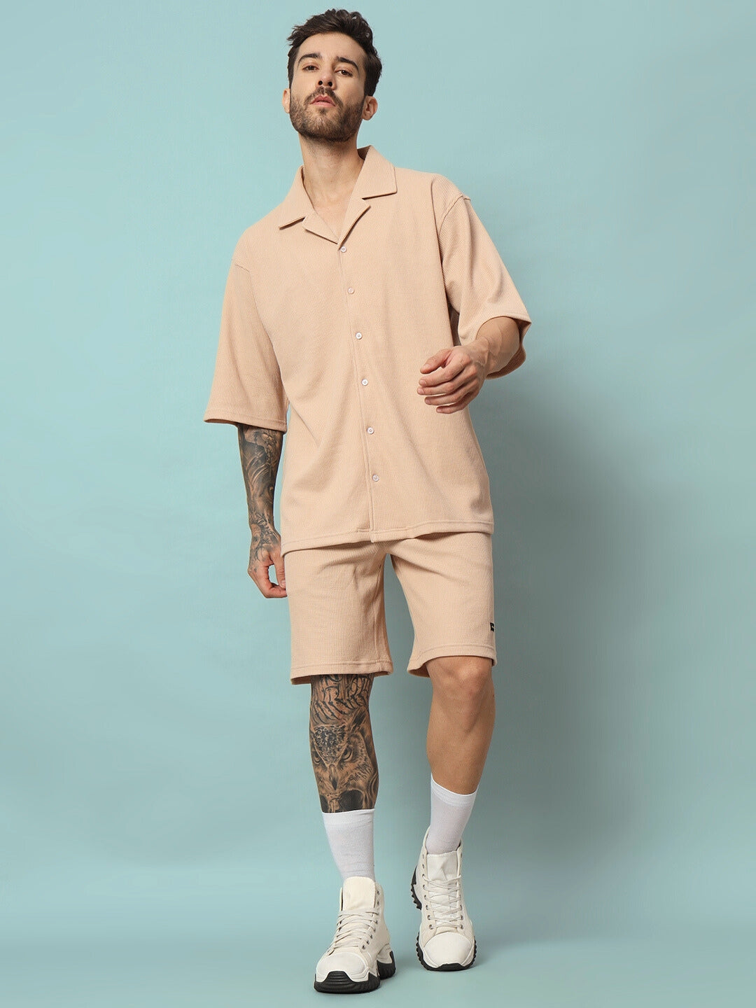 Waffle Solid Resort Shirt Co-Ord Set (Beige)