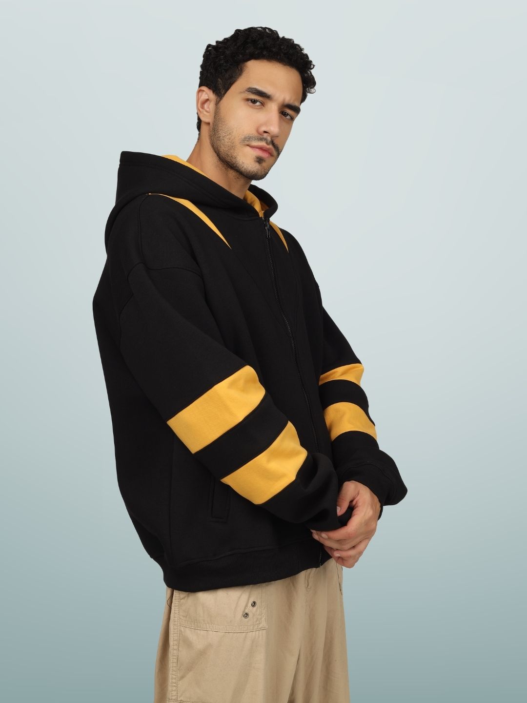 Colorblock Yellow Patch Zipper Hoodie - Wearduds