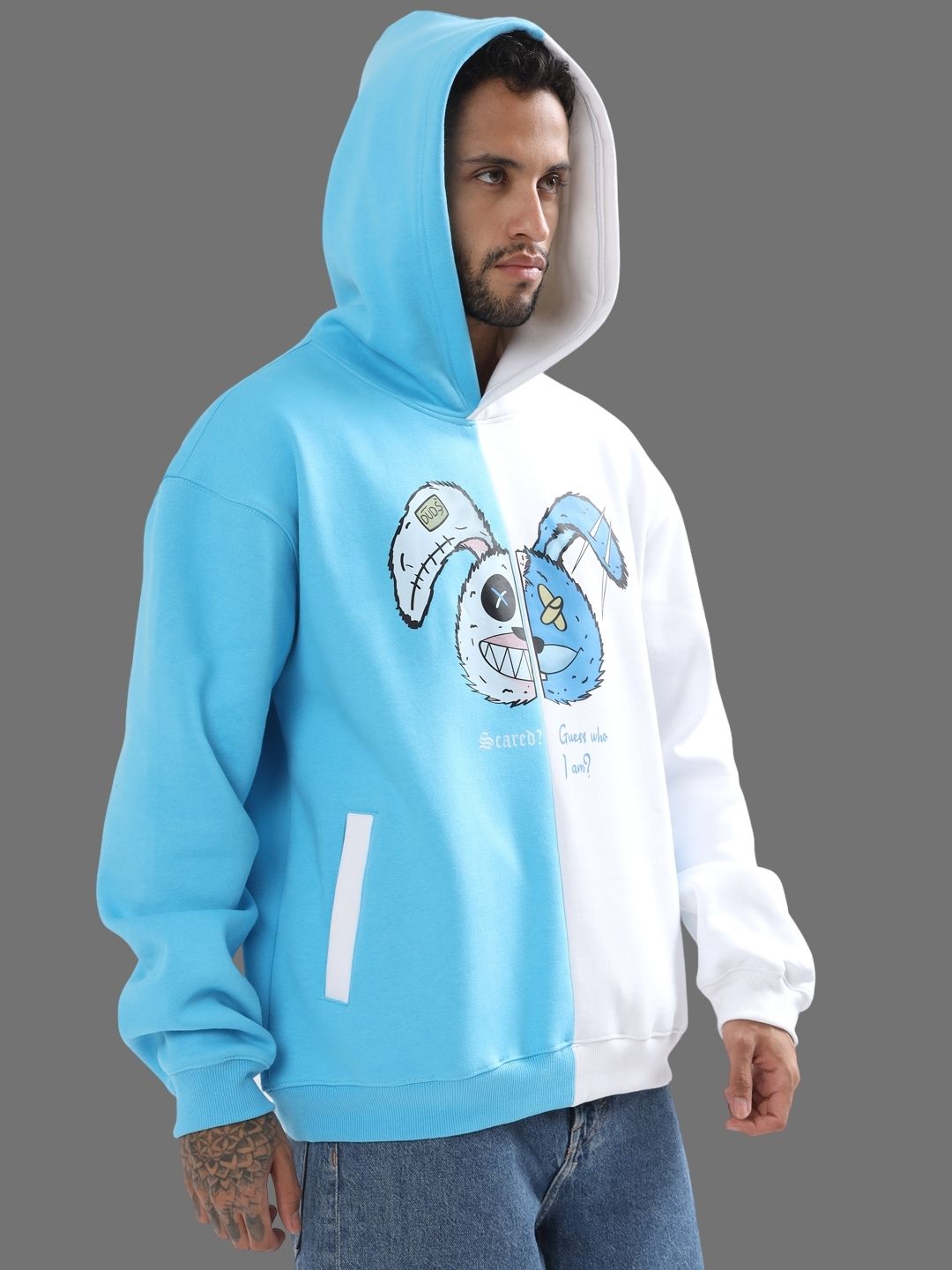 Scared Teddy Oversize Hoodie (Sky Blue-White) - Wearduds