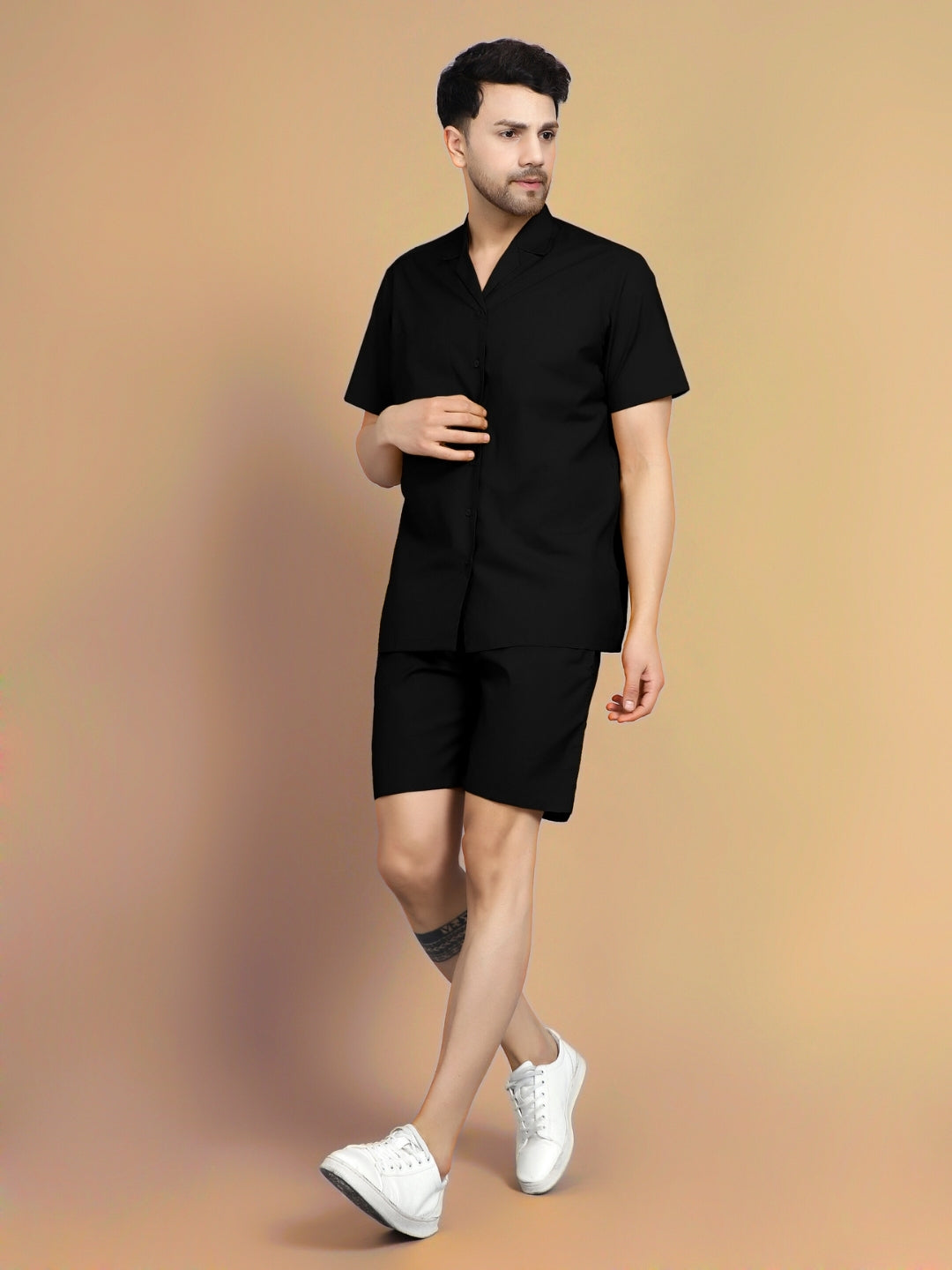 Black Resort Shirt Co-Ord Set (Cuban Collar)