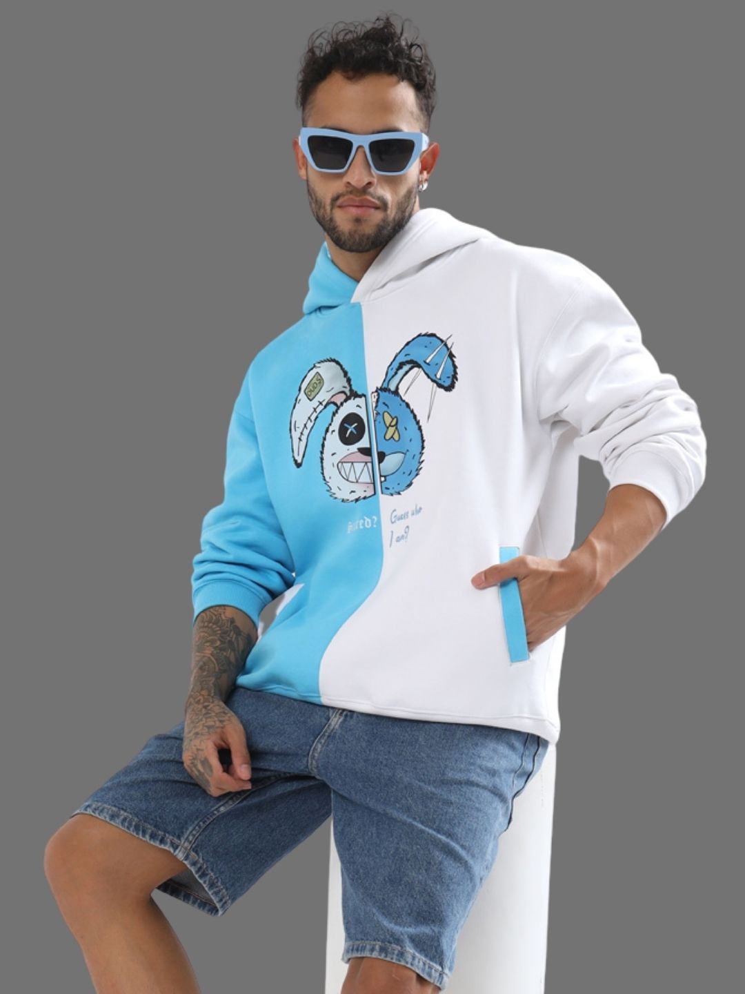 Scared Teddy Oversize Hoodie (Sky Blue-White) - Wearduds