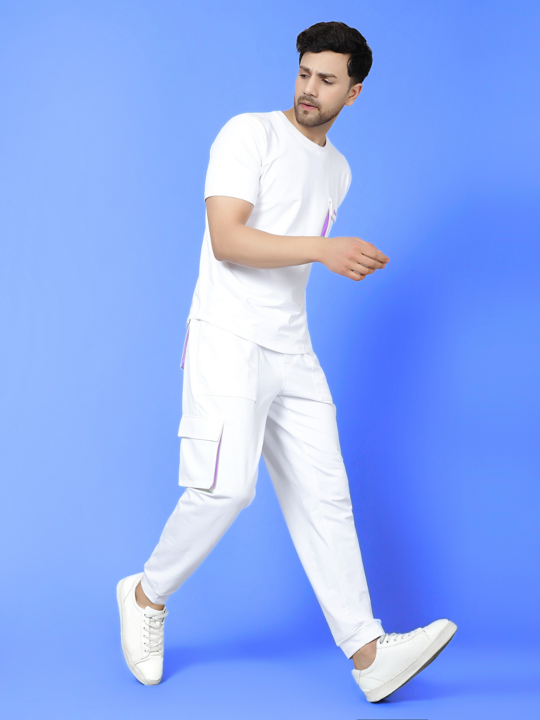 Co-Ord Set Cargo Pants with Cargo T-Shirt (White Lilac Highlighter)