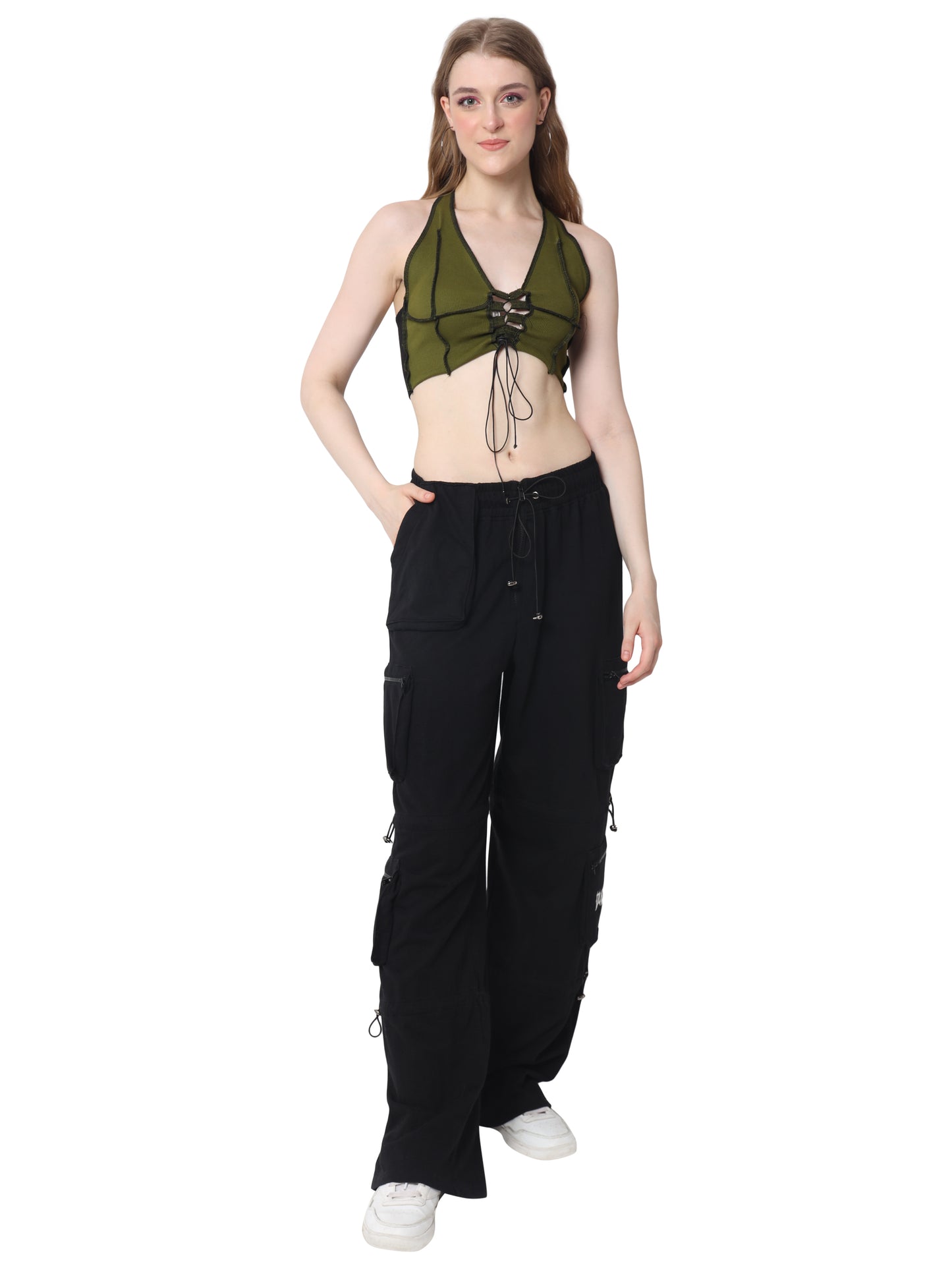 Ribbed Crop-Top (Military Green Black) - Wearduds