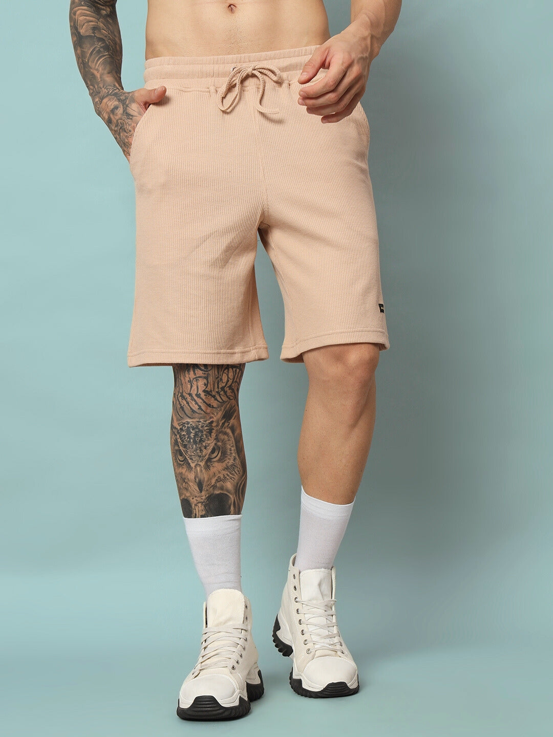 Waffle Solid Resort Shirt Co-Ord Set (Beige)