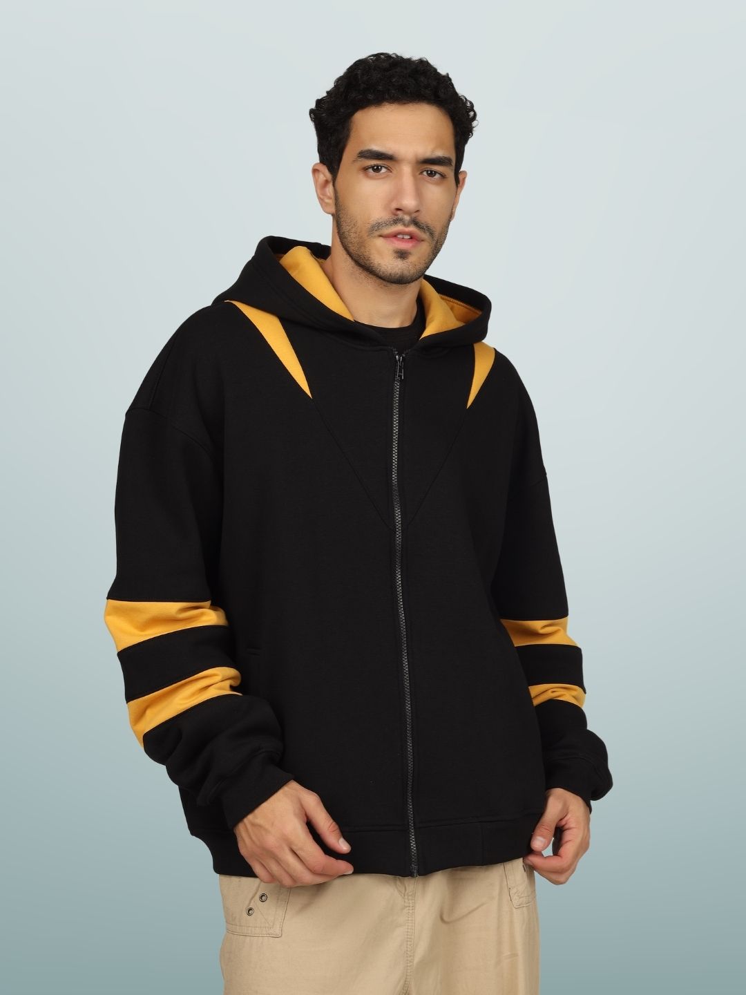 Colorblock Yellow Patch Zipper Hoodie - Wearduds