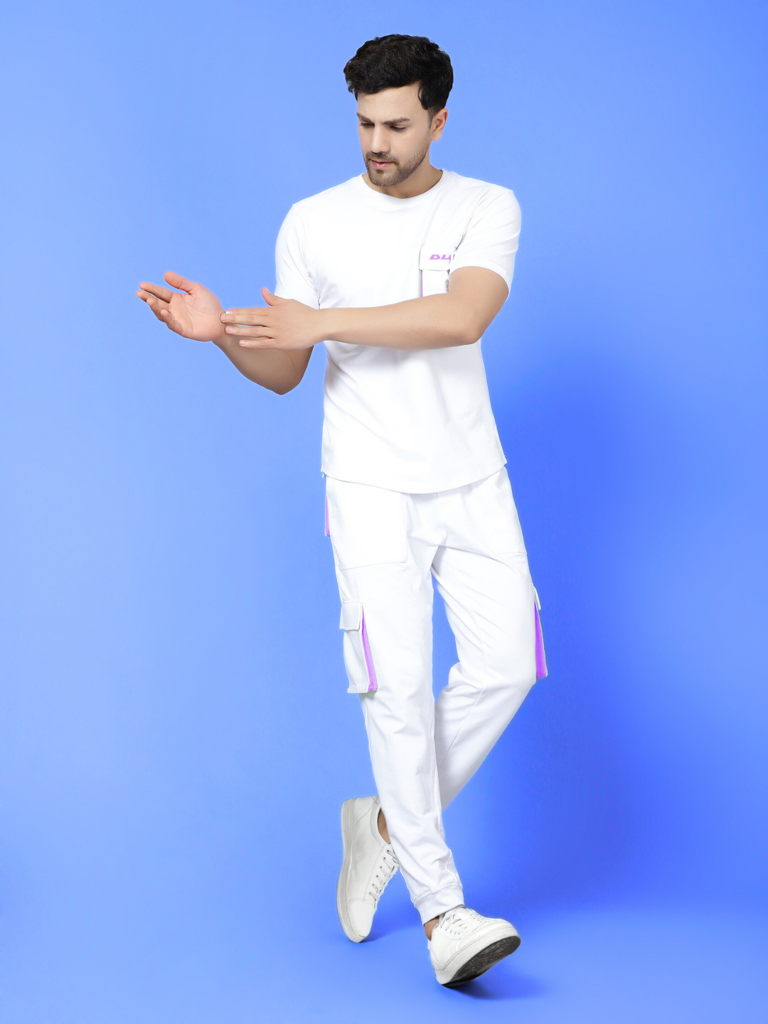 Co-Ord Set Cargo Pants with Cargo T-Shirt (White Lilac Highlighter)