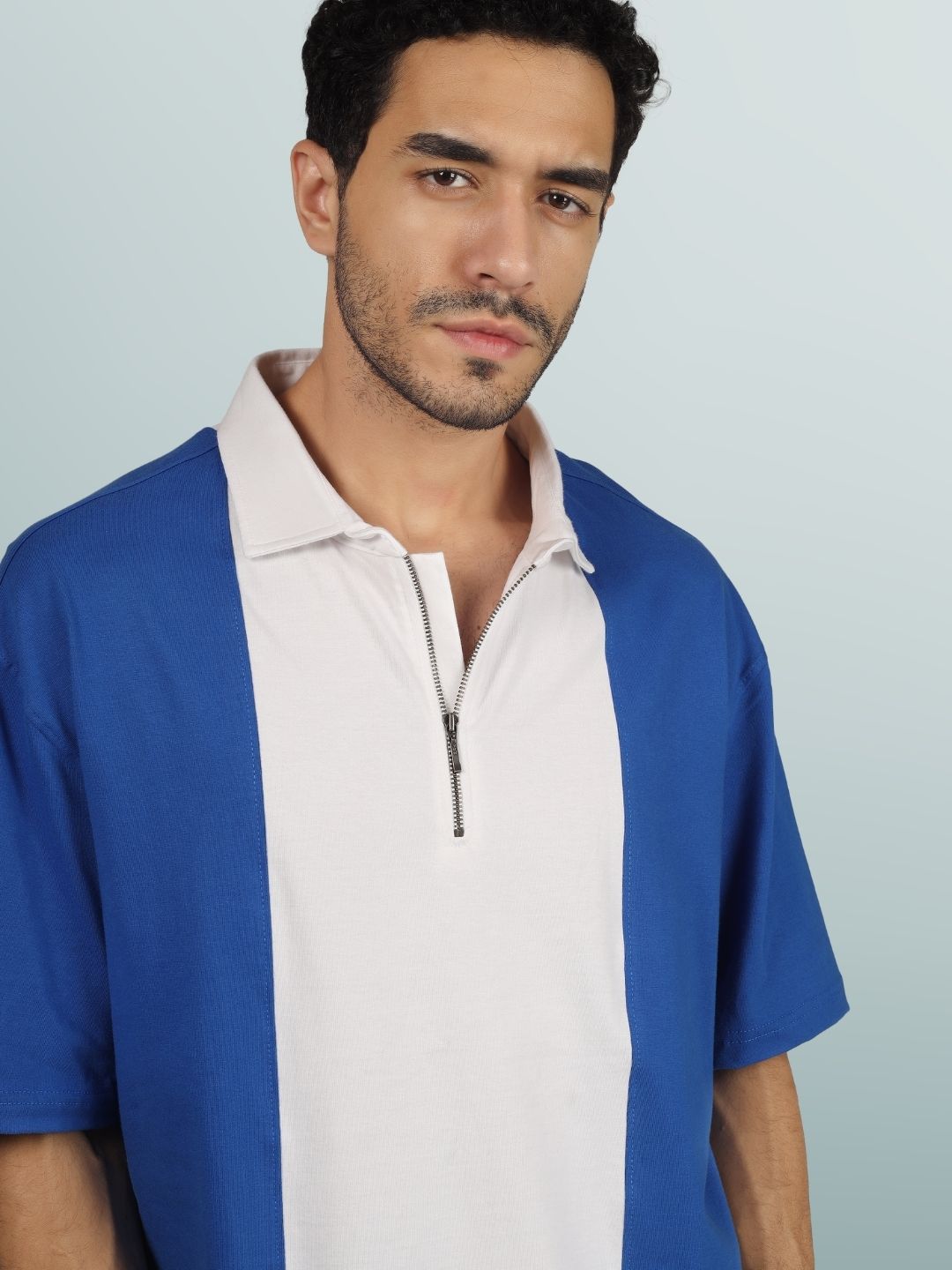 Royal Blue & White Oversized Polo Zipper T-Shirt - Wearduds